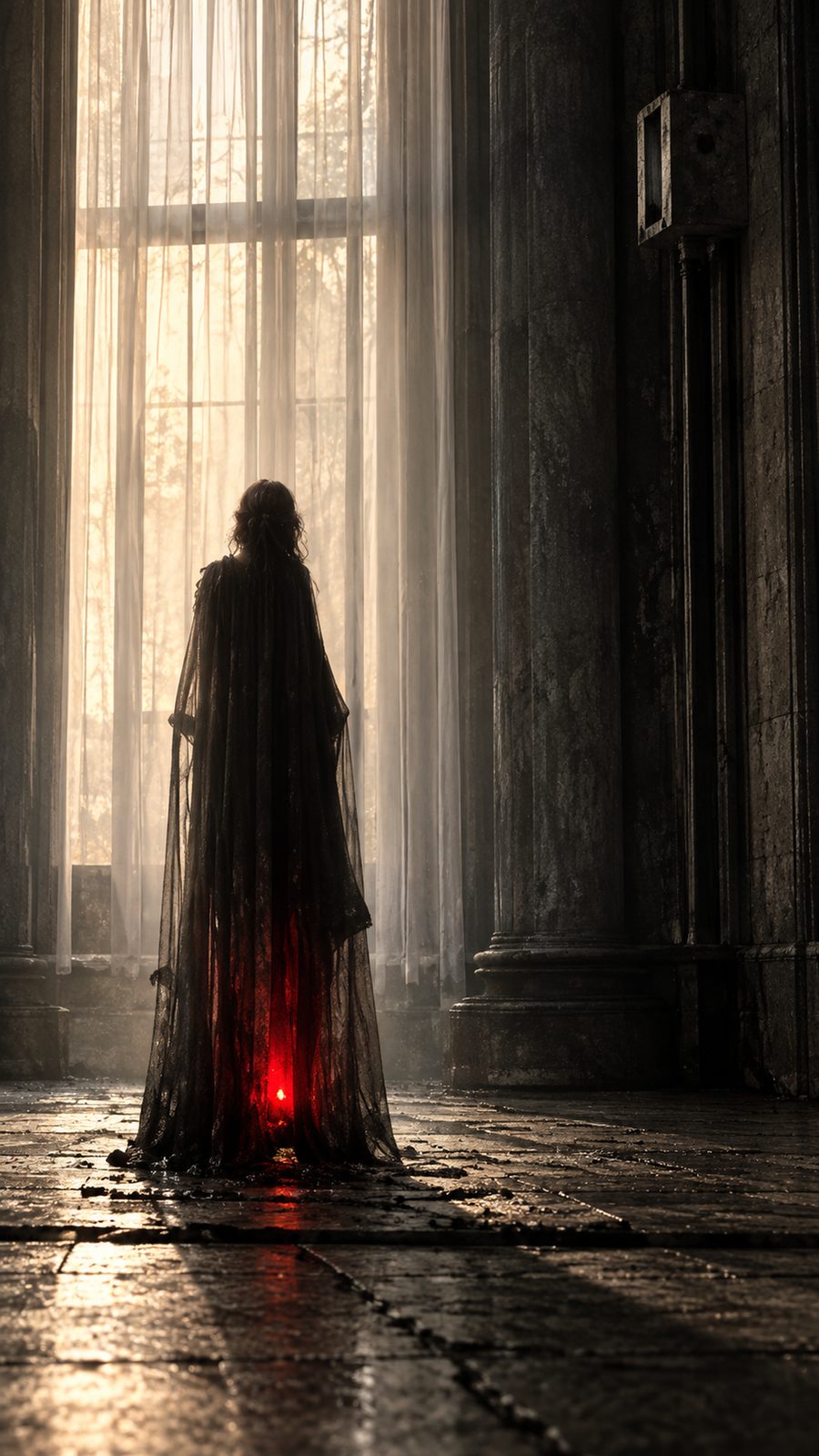 A veiled figure standing in a pool of red light