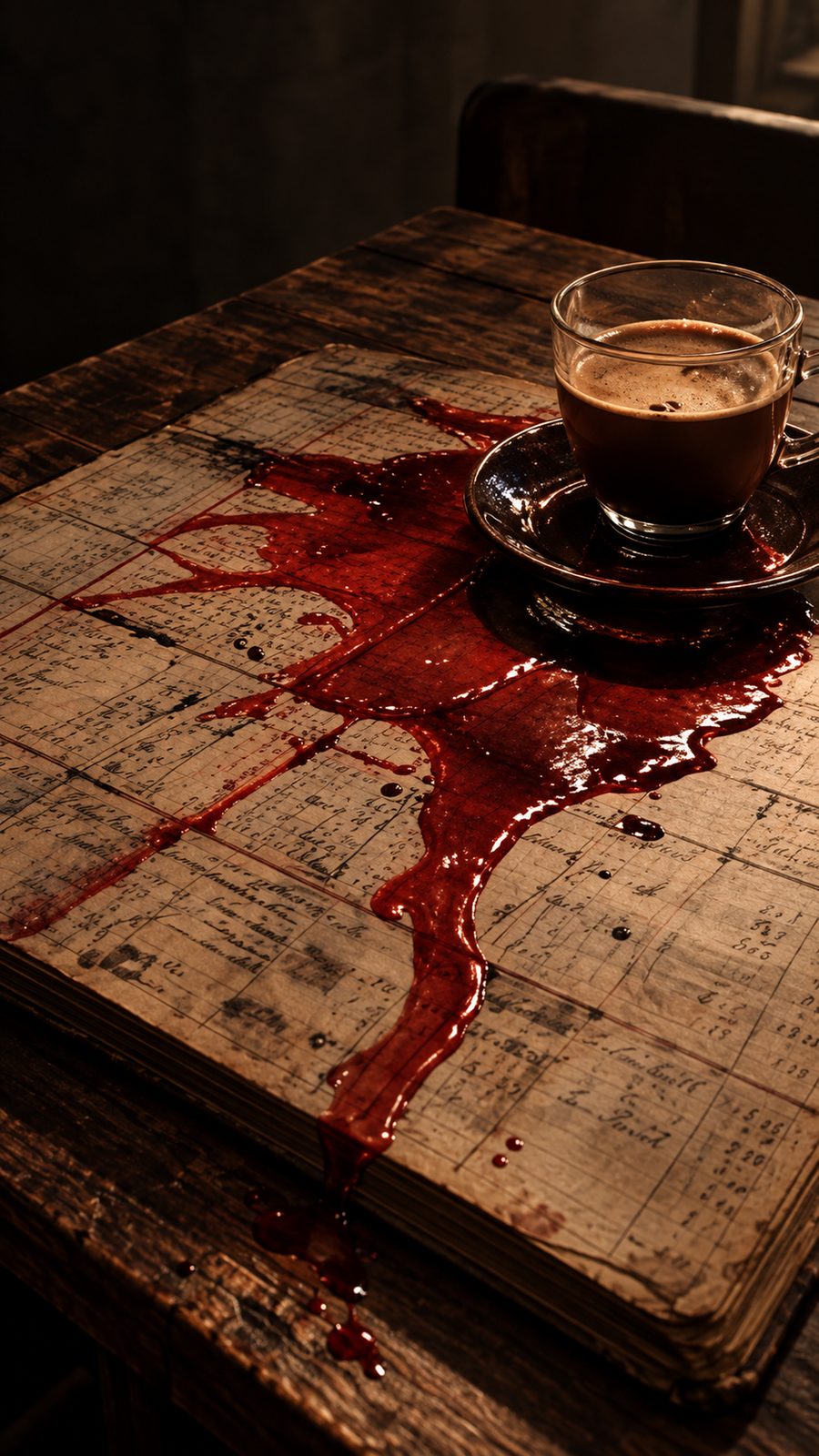 A cup spilling red across a ledger