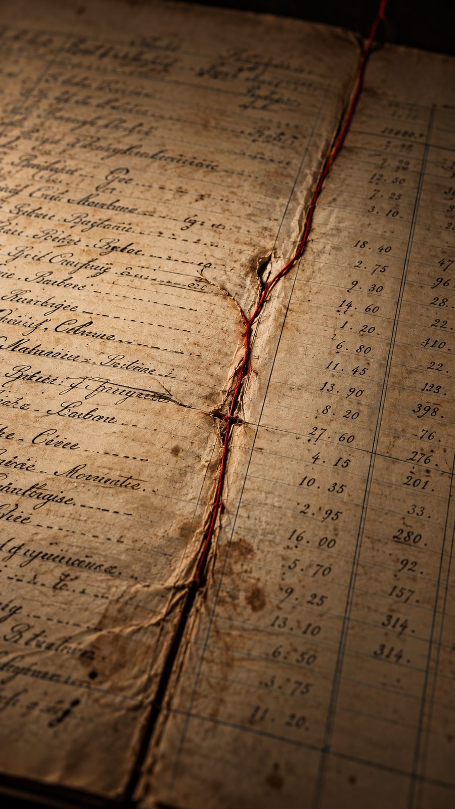 A ledger with a red thread across its columns